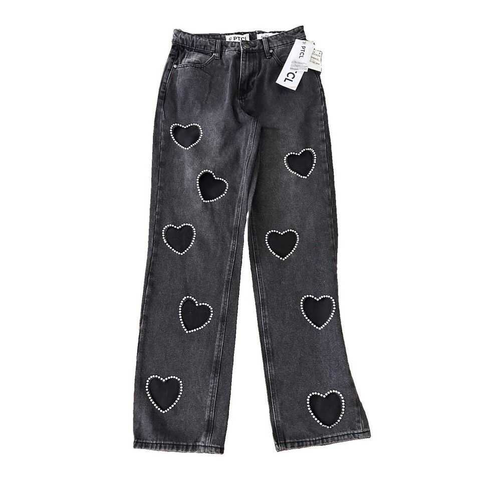 PTCL Ethikal Black Denim Wide Leg Rhinestone Trimmed Hearts 27” NWT